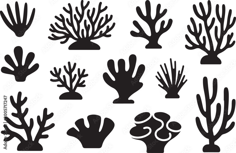 Obraz premium Marine life coral silhouette pack containing multiple underwater plant forms for oceanic biology and nature conservation projects.