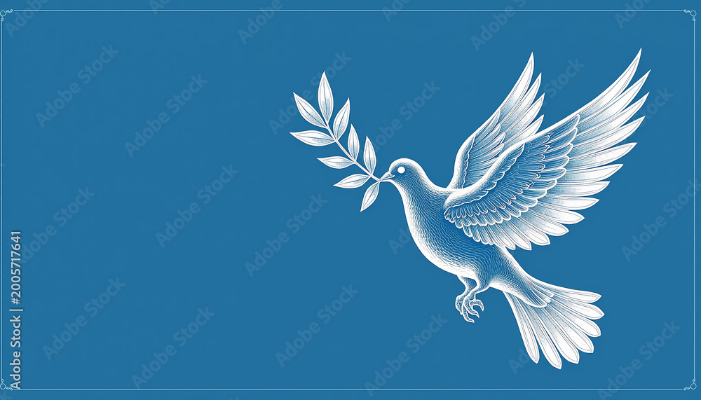 Obraz premium Serene Dove Holding Olive Branch Symbolizing Peace and Hope Against a Soft Blue Sky