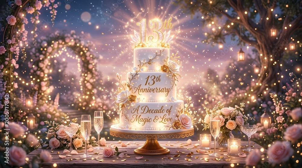 Fototapeta premium Beautiful 13th anniversary cake with floral decorations and sparkling lights in a romantic garden setting