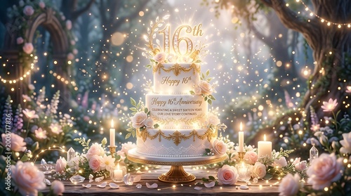 Elegant 16th anniversary cake in an enchanted garden with sparkling lights, roses, and gold decor