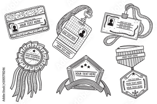 Doodle badge. Circle label frame, award icon with ribbon border or vintage sketch scribble shape. Hand drawn decorative isolated elements. First place medal shapes. ID cards. Vector design