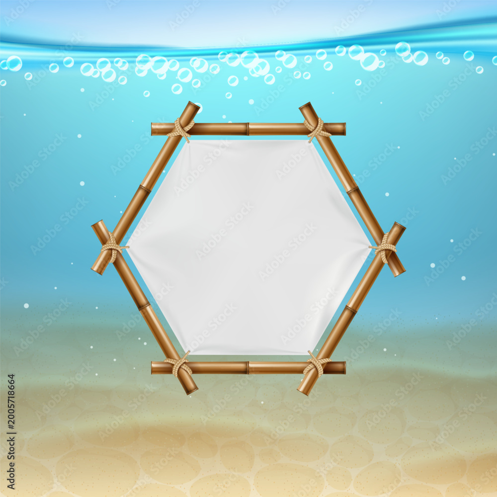 Naklejka premium Underwater bamboo hexagon banner. Realistic marine scene with empty frame and rope knots, water bubbles and sand, square card design with copy space for text. Sea background. Vector template