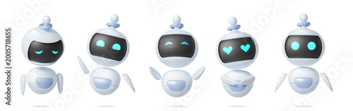 Ai agent. 3d robot, chatbot mascot or digital smart character with futuristic cute eye, communication assistant face different emotions. Artificial intellect. Vector icon cartoon isolated set