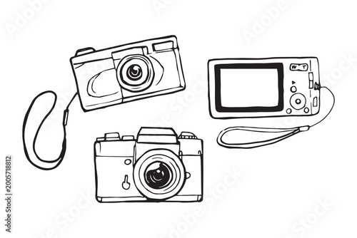 Three cameras set hand drawn doodle vector. Film camera, compact digital camera front and back view. Retro photography, analog, Y2K nostalgia illustration isolated on white background.