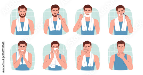 Man wash face. Men skin care, male facial foam for handsome beauty. Makeup clean, acne cleansing mask, process and hygienic grooming stages with cosmetic products. Vector cartoon set