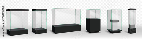 Glass case. 3d display box, clear cube with podium or showcase cover for presenting products. Empty stand block, exhibition cylinder blank shelf. Vector retail pedestal mockup