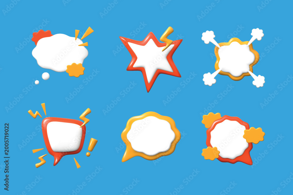 Naklejka premium 3d think cloud. Comic speech balloon reactions, white empty text box or chat message shape. Glossy cartoon render elements. Explosion comment and thinking cloud, vector isolated set