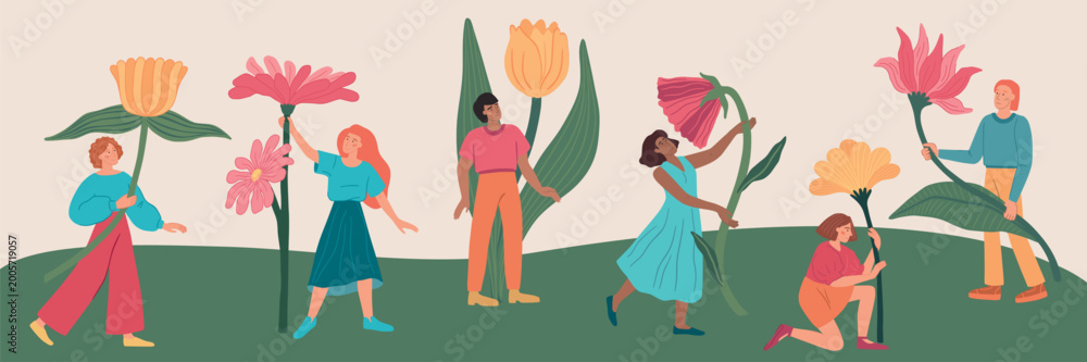 Fototapeta premium People with flowers. Big doodle person, trendy young woman holding giant plant or funny large man in garden. Spring summer characters with blossoms. Vector cartoon isolated illustration