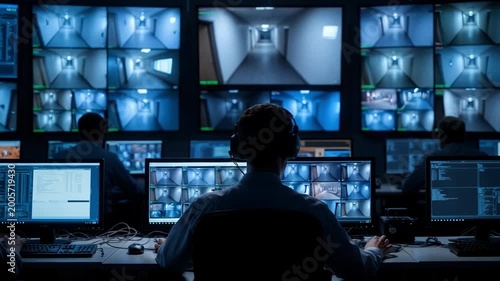 Tracking shot of security operator monitoring multiple surveillance screens and typing in dim control room at night