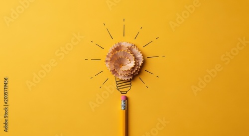 Creative Light Bulb Idea and Innovation Concept with Yellow Pencil Eraser and Spiraled Wood Shavings on Bright Yellow Background