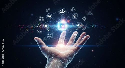 Hand with glowing digital icons and connections floating above