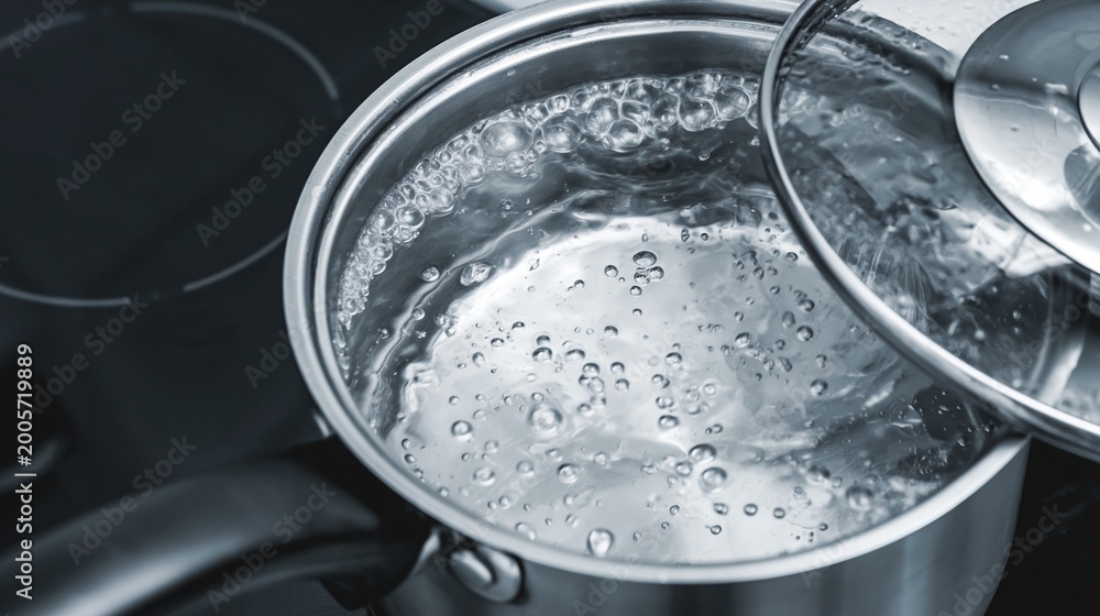 Fototapeta premium Boiling water bursting with bubbles in a stainless steel pot on an induction cooker for food preparation, representing cooking, heat, and energy