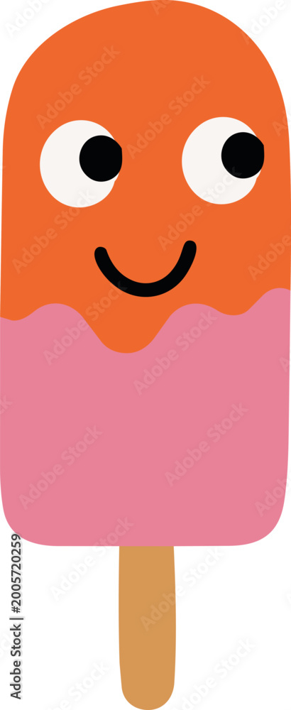 Fototapeta premium A cute cartoon popsicle illustration features an orange and pink frozen treat with a smiling face and playful eyes.