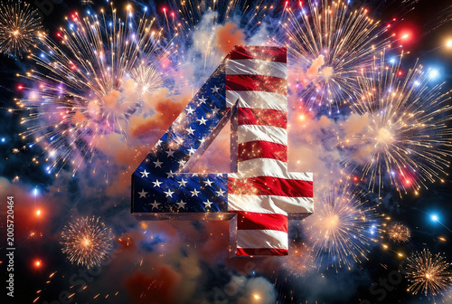 Stylized number four with flag textures and glowing 4th July firework explosions. Bold visual for Fourth of July marketing and independence celebrations.