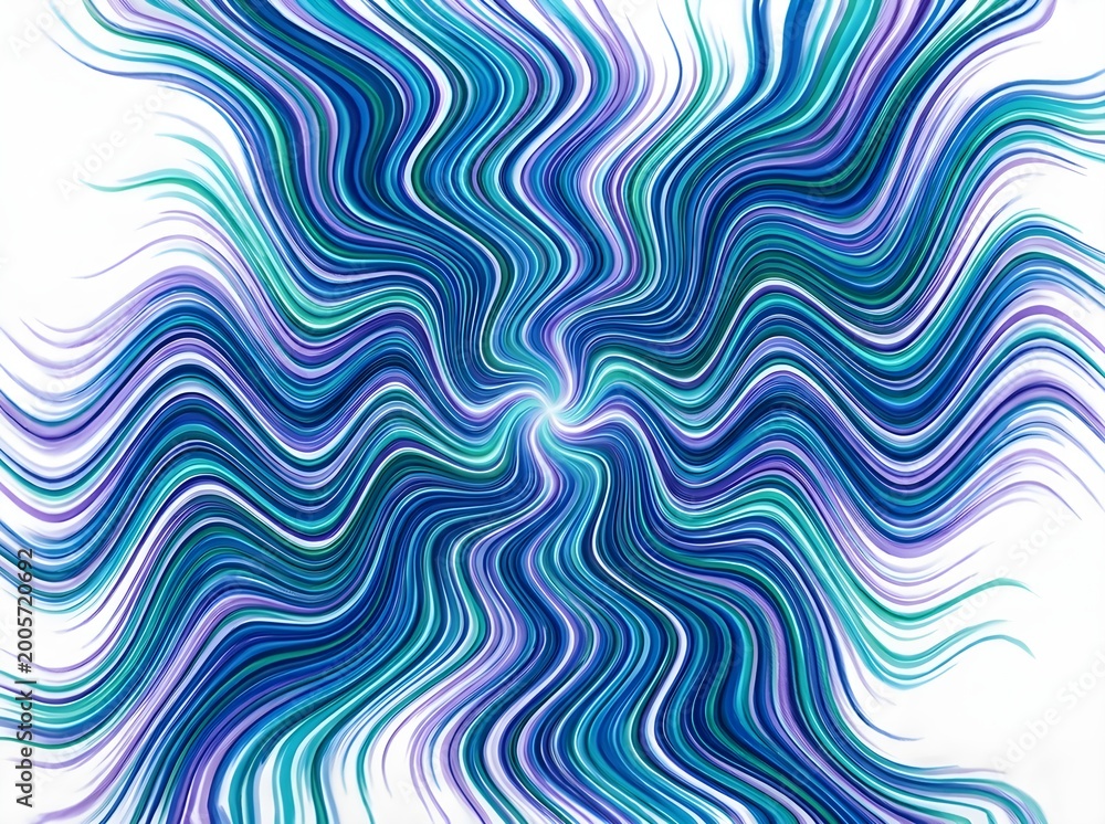 Fototapeta premium Vibrant wavy lines illustration with blue, purple, and green hues on a white background, abstract vector design