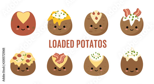 Cute loaded baked potatoes illustration, food graphic with copy space