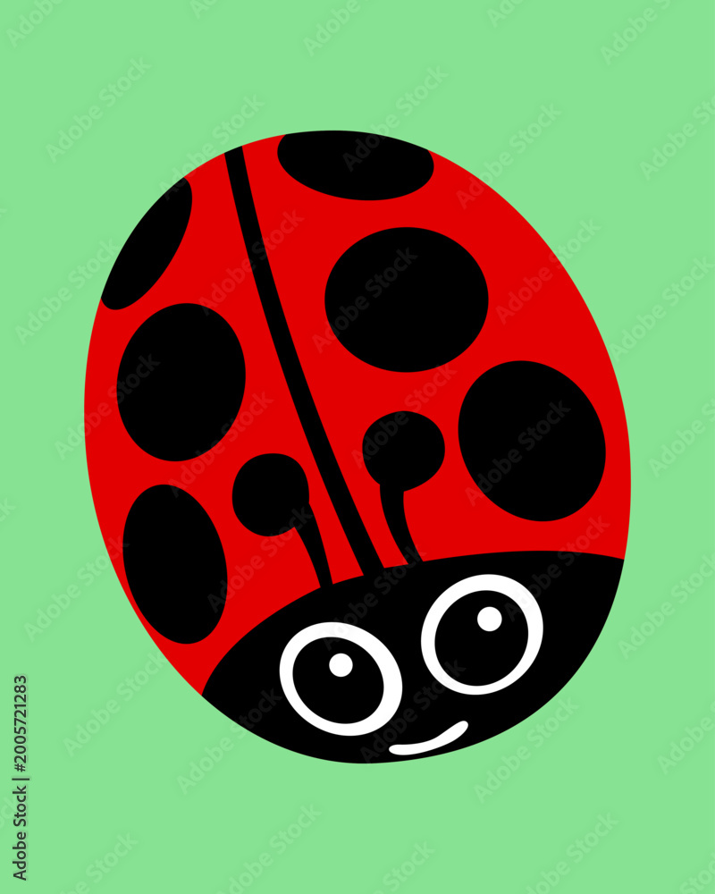 Fototapeta premium Cute ladybug with big, round eyes. Red body with black spots. Smiling face, friendly expression. Light green background, simple design. Perfect for children's projects or educational use