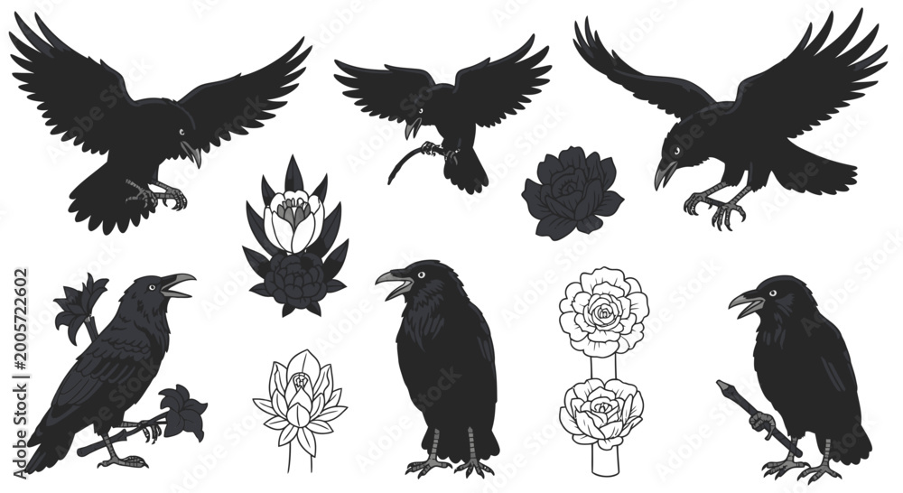 Fototapeta premium Set of Black Crows and Floral Silhouettes, Tattoo Design Elements, Isolated on White