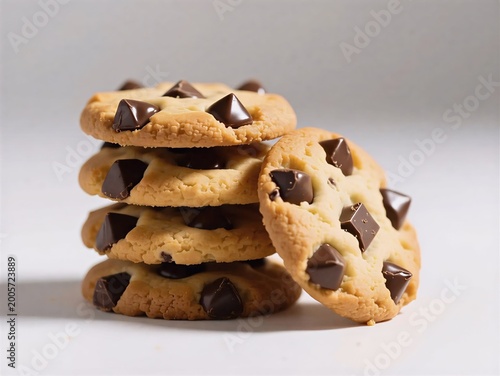 Stack of Freshly Baked Chocolate Chip Cookies on White Background, Perfect for Themes of Baking, Snacking, Sweets, and Homemade Treats