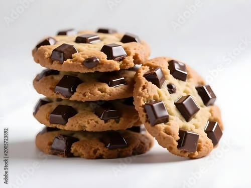 Stack of Freshly Baked Chocolate Chip Cookies on White Background, Perfect for Themes of Baking, Snacking, Sweets, and Homemade Treats