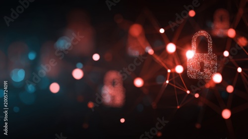 Cybersecurity Fortress: A digital landscape glows, a network of connections interwoven with luminous padlocks representing security and data protection.