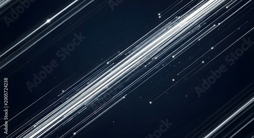 Abstract White Light Trails on Dark Blue Background with Futuristic Motion Energy