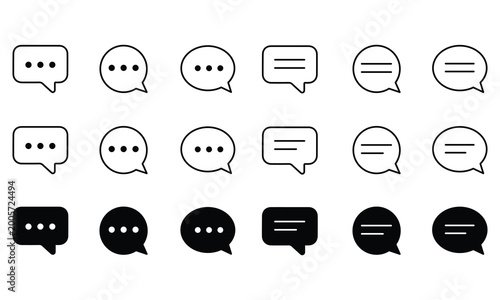 Chat bubble message icon set. Collection of outline and filled speech bubble symbols. Messaging symbols for UI, communication apps and feedback interfaces. Talk pictogram. Text vector illustration.