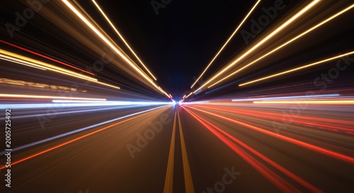 An abstract representation of forward force using dynamic light trails and blurred lines, symbolizing ongoing inertia and powerful sustained energy, growth, future, streak