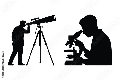 Silhouette of a person looking through a telescope and another looking through