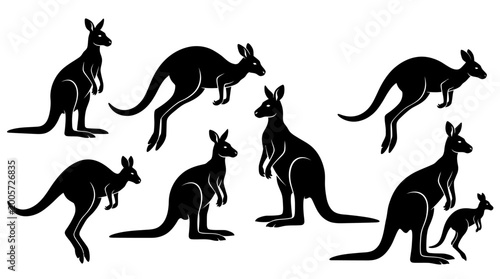 Foto Multiple kangaroo silhouettes in side profile, solid black shapes