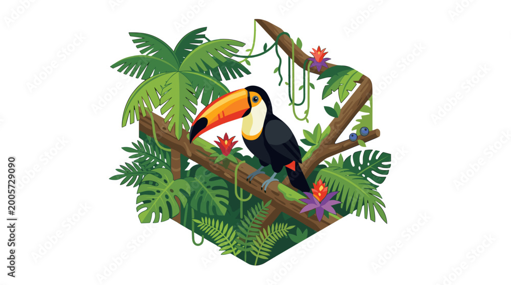 Obraz premium Tropical toucan perched on lush jungle branch scene