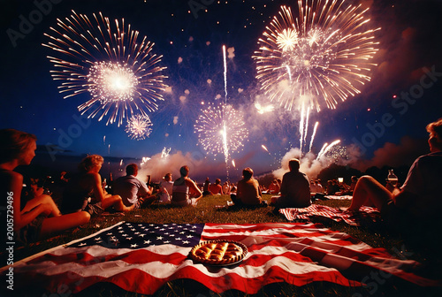 Group of friends enjoying 4th July picnic with burgers, beer, and flags. Authentic lifestyle imagery for family gatherings and independence day promotions.
