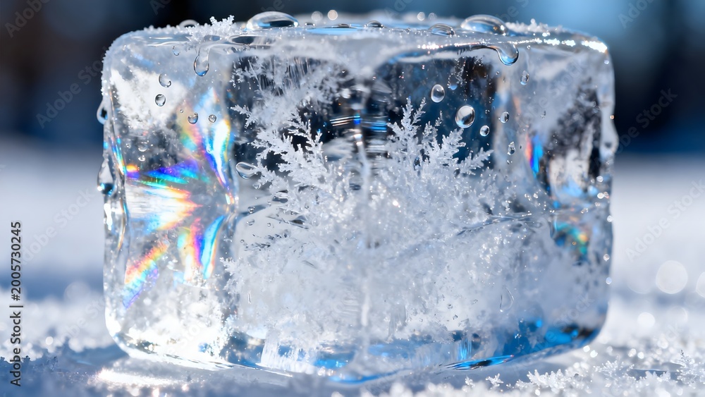 Obraz premium Ice cube with frost and water droplets