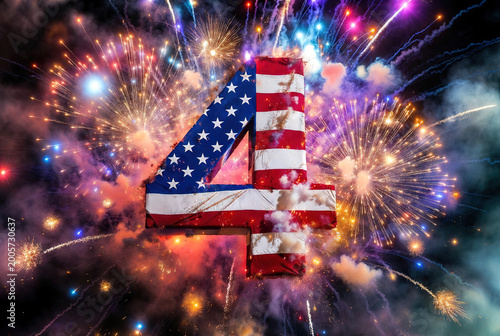 Abstract number four made of sparks and stars over 4th July fireworks. Thematic digital art for Independence Day and national holiday celebrations.