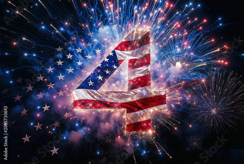 Abstract number four made of sparks and stars over 4th July fireworks. Thematic digital art for Independence Day and national holiday celebrations.