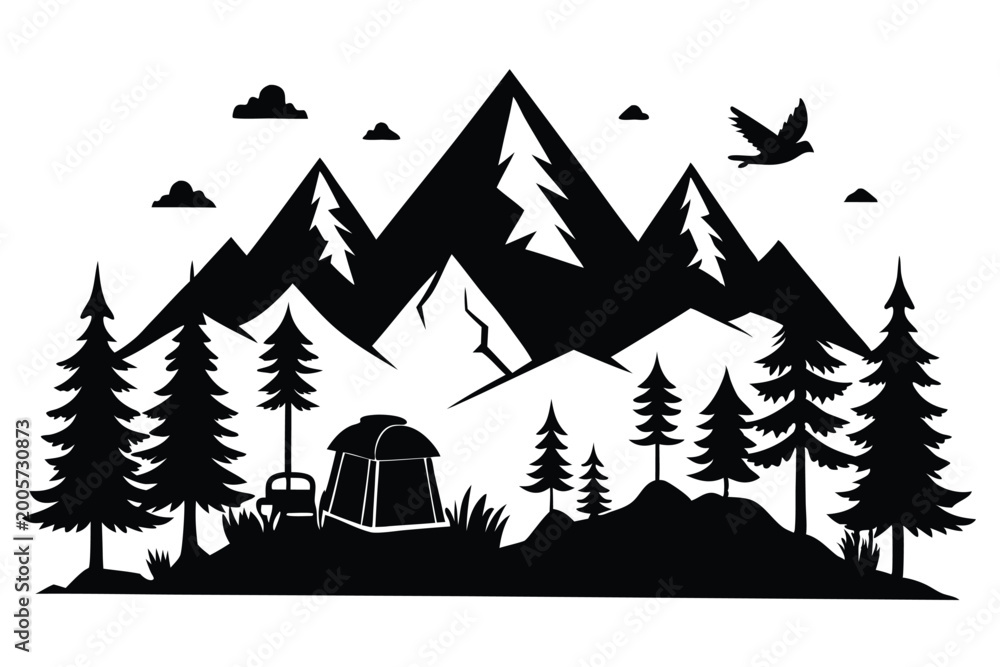 Obraz premium mountains and fir trees camping adventure wildlife silhouette line art vector illustration