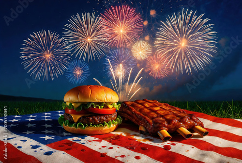 Hamburger and ribs on picnic table with American flag and 4th July fireworks. Great for barbecue menus, holiday cookouts, and food service promotions.