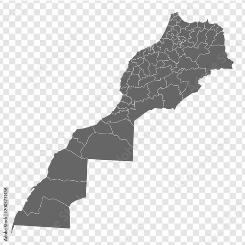 Blank map Morocco. Map Prefectures and Provinces of Morocco in gray. High detailed gray vector map of Morocco on transparent background for your web site design,  app, UI. EPS10. 