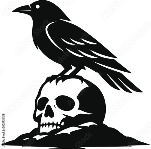Dark Raven on Skull Illustration – Gothic Black Bird Artwork