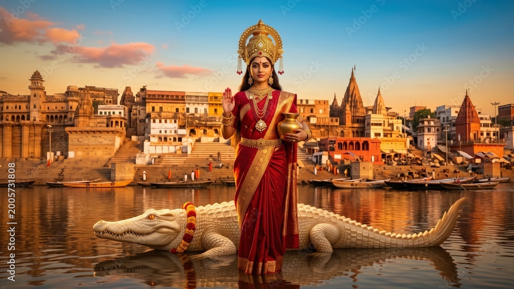 Obraz premium Ganga Mata at Varanasi Ghats – Golden Sacred River Reflection