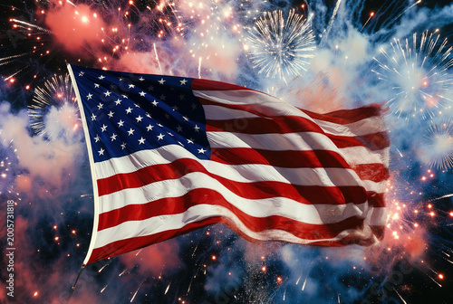 American flag billowing in night sky with colorful 4th July firework sparks. Iconic patriotic image for Independence Day and national holiday marketing.