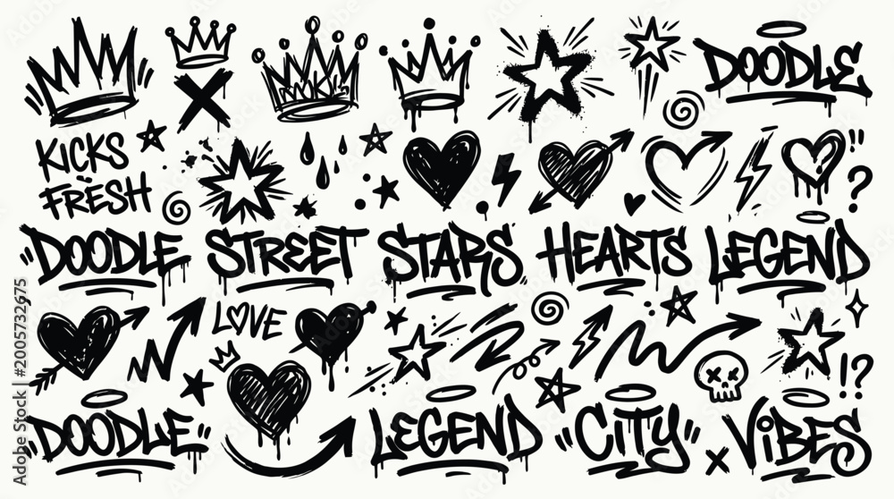 Fototapeta premium Hand drawn bold brush star, arrow, skull and crown. Graffiti bold brush drawn figures for collages, grunge street art design, rock and roll aesthetic