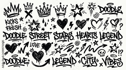 Foto Hand drawn bold brush star, arrow, skull and crown