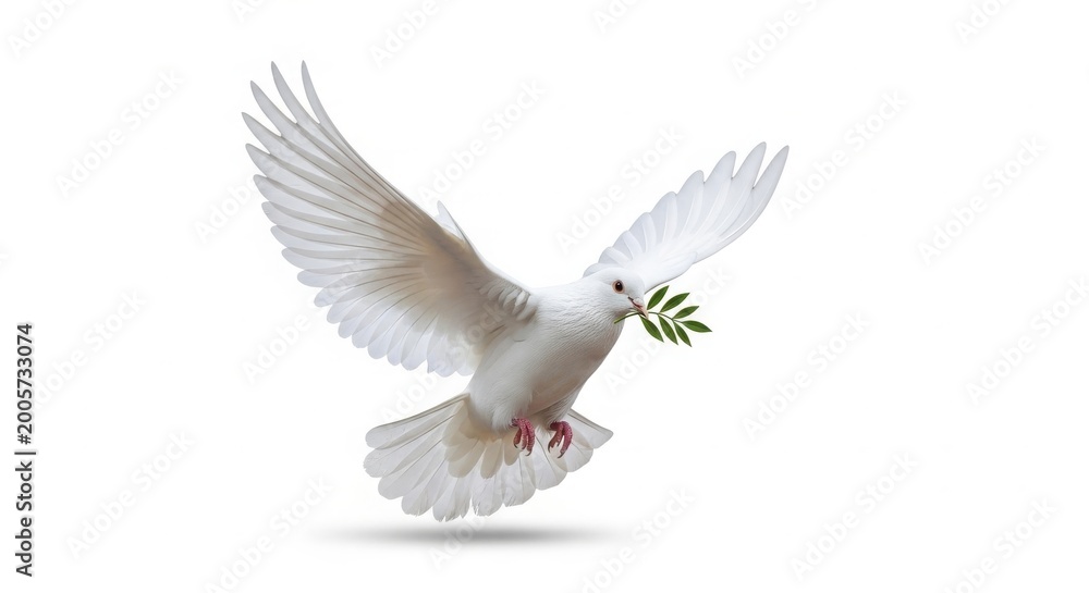 Fototapeta premium White dove flying with olive branch, peaceful bird in flight, symbolic white pigeon carrying green leaves for hope and harmony isolated on White Background