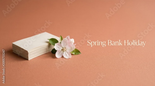Spring Bank Holiday greeting card mockup, elegant white flower on stack of business cards, minimalist floral stationery on terracotta background