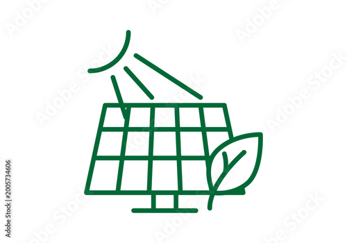 Icono lineal de panel solar recibiendo luz solar con una hoja verde a un lado