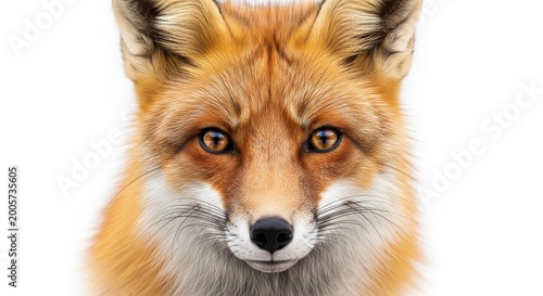 Red fox portrait with intense amber eyes, majestic wild animal face close up, detailed orange fur texture of a vulpes vulpes, wildlife photography isolated on White Background