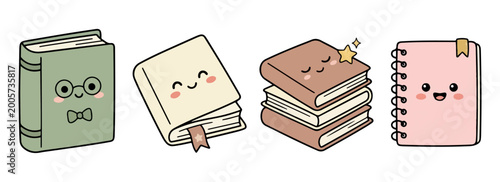 Cute cartoon kawaii books smiling glasses bow tie glasses reading.