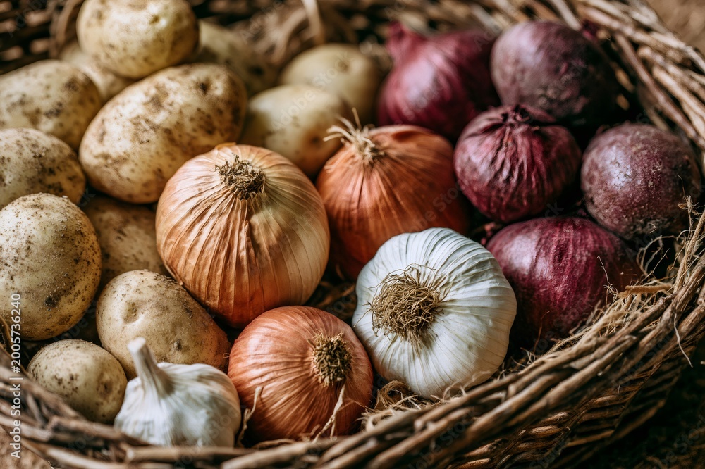 Obraz premium Root vegetables in rustic basket displaying healthy harvest