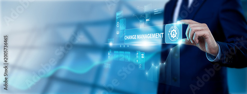 Foto Business leader hand holding change management interface on digital screen, orga